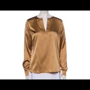 Gold Per Se Silk Blouse Long Sleeve V-Neck hidden side zipper size 10